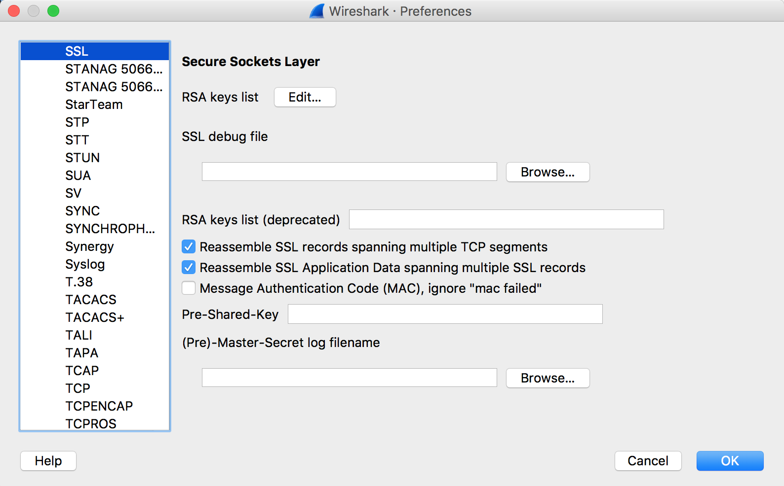 Wireshark SSL Preferences